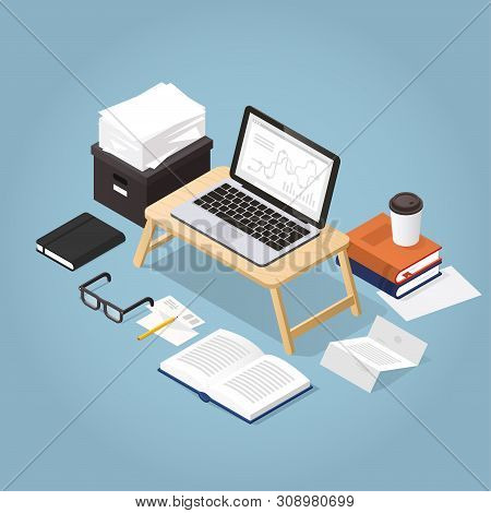 Vector Isometric Illustration Of Remote Work. Cozy Home Workspace - Laptop, Glasses, Papers, Coffee,