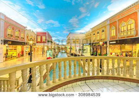 Doha, Qatar - February 21, 2019: Balcony At Venice Canal In Villaggio Mall, A Shopping Center In Asp