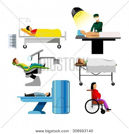 Hospital patients icons. Dentist chair, surgeon operation table, therapist mri or tomography scan, wheelchair for pregnant and emergency room.  medical icons set for infographics flat elements