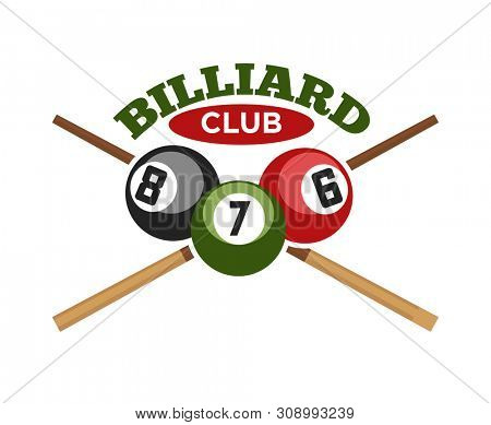 Pool or billiards  icon or template of cues and balls for poolroom game club contest. Emblem or logo for championship tournament.  Illustration.