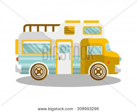 Camping bus or camper van motorhome car or vehicle  isolated icon. Holiday trip or travel mobile coach
