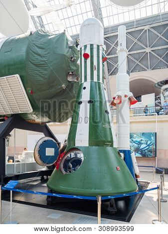 Moscow, Russia - June 08, 2019. Interior And Showpieces Of Pavilion Space And Transport. Almaz Space