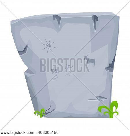 Stone Age Symbol Big Rock With Ancient Tribal Caveman Drawings In Cartoon Style Isolated On White Ba