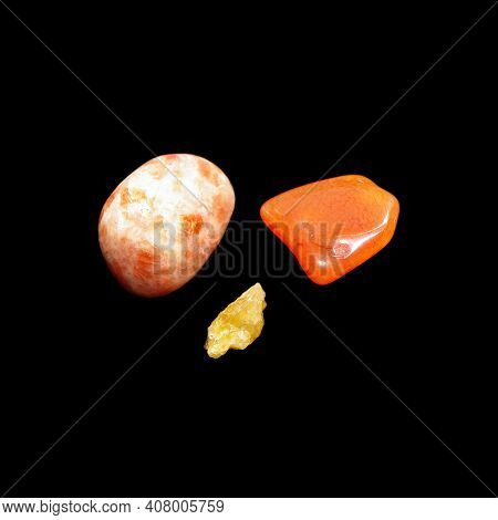 Sunny Stone, Cornelian, Heliodor On Black Background