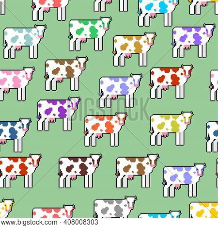 Cow Pixel Art Pattern Seamless. 8 Bit Farm Animal Backgroundn. Vector Ornament