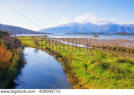 Beautiful Wetland Landscape. Montenegro, Tivat. View Of Tivat Salina On Sunny Spring Day