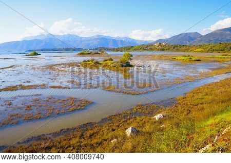 Beautiful Sunny Wetland Landscape. Montenegro, Tivat. View Of Tivat Salina, Nature Reserve