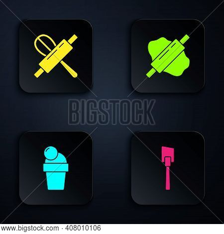 Set Spatula, Kitchen Whisk And Rolling Pin, Ice Cream And Rolling On Dough. Black Square Button. Vec