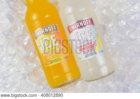 IRVINE, CA - JANUARY 4, 2018: Smirnoff Ice Original and Screwdriver. The Original Premium Flavored Malt Beverage with a delightfully crisp, citrus taste.