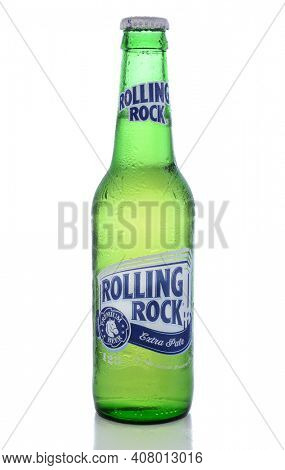 IRVINE, CA - JUNE 14, 2015: Rolling Rock Extra Pale Beer. A single bottle of the American beer founded in 1939 in Latrobe, Pennsylvania, by the Latrobe Brewing Co.