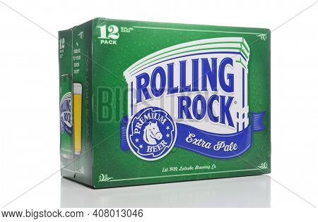 IRVINE, CALIFORNIA, FEBRUARY 7, 2018: Rolling Rock Extra Pale 12 pack cans. Founded in 1939 in Latrobe, Pennsylvania.
