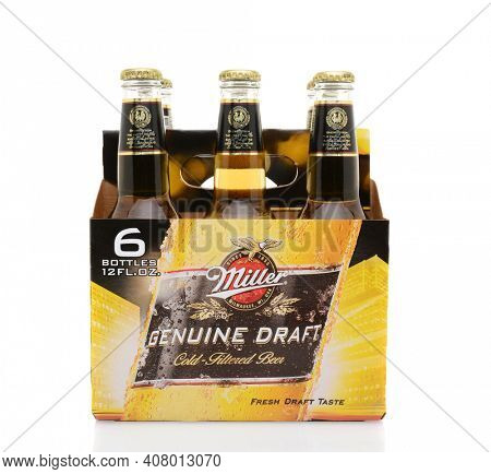 IRVINE, CA - MAY 25, 2014: A 6 pack of Miller Genuine Draft, side view.  MGD is actually made from the same recipe as Miller High Life except it is cold filtered.