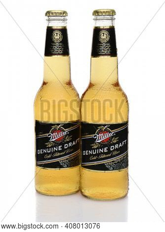 IRVINE, CA - MAY 27, 2014: Two Bottles of Miller Genuine Draft, with condensation. MGD is actually made from the same recipe as Miller High Life except it is cold filtered.