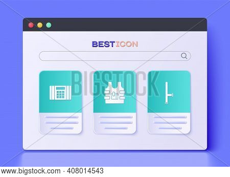 Set Bulletproof Vest, Dynamite Bomb And Police Rubber Baton Icon. Vector