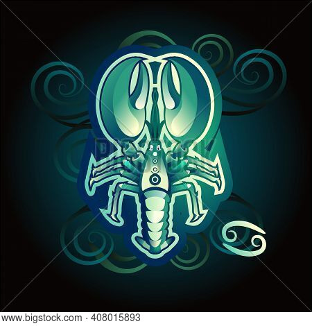 Cancer Zodiac Astrological Sign In Round Shape Isolated On White Background, In The Gothic Style, Ho
