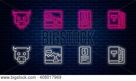 Set Line Failure Stocks Market, Business Finance Report, Bull And Office Folders. Glowing Neon Icon 