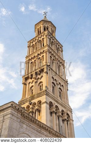 Bell Tower Of St. Domnius Church In Golden Sun Light In Early Morning In Diocletian Palace In Split 
