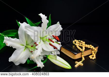 Photo Of White Lily Flowers On Black  Background
