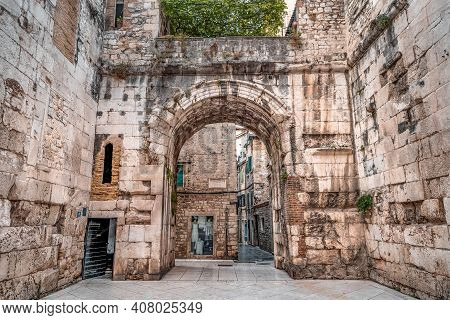 Split, Croatia - Aug 15, 2020: Stone Arch Gate Into Old Town Split In Early Morning