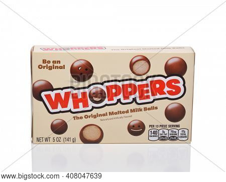 IRVINE, CALIFORNIA - 09 AUG 2020: A package of Whoppers Malted Milk Balls Candy. 