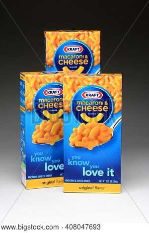 IRVINE, CA - January 11, 2013: Three boxes of Kraft Macaroni and Cheese.  The packaged meal was first introduced in 1937 during the Great Depression.