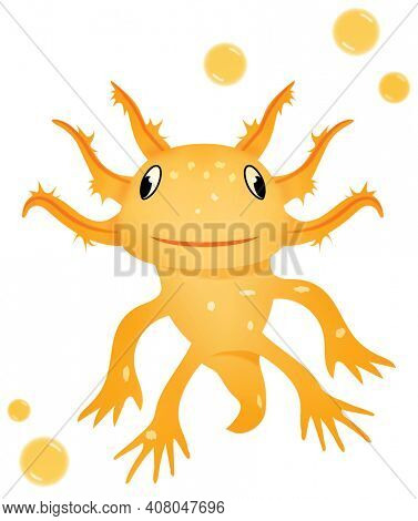 Golden Albino Axolotl Illustration with Yellow Bubbles Floating