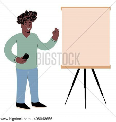 A Young Black Guy In Casual Attire In Front Of A Whiteboard. Holding Presentation, Explaining, Teach