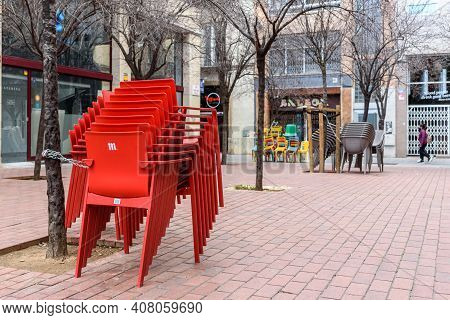Sabadell - Catalonia, Spain - January 31st Of 2021: View Of Plaza Ricard Simo Square With Stacks Of 