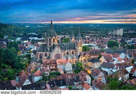Heppenheim, Germany. Aerial Cityscape At Dusk With St. Peter Church On Foreground