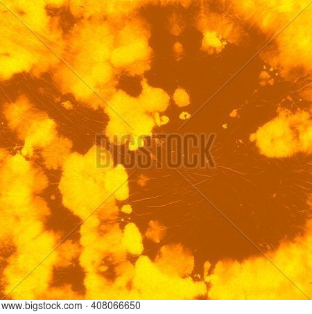 Swirl Ink Paint. Artistic Patterns. Color Effect. Abstract Dye. Hippie Circular Background. Yellow B