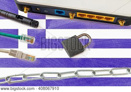 Greece Internet Censorship And Security Concept. Flag In The Background Of The Internet Connection S