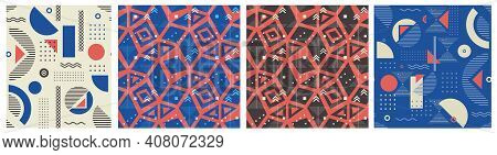 Geometry Seamless Memphis Pattern Set. Triangle, Square Grey. Blue, Pink On Whtie Background. Vector