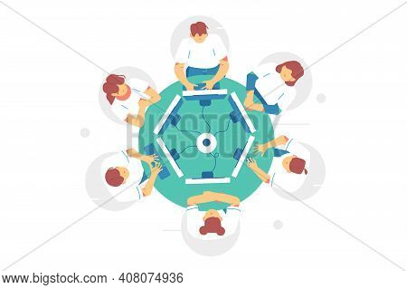 Business Meeting At Round Table Vector Illustration. Clerks Sit At Round Table And Discussing Ideas 