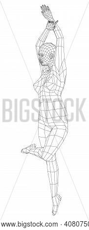 Wireframe Ballerina Or Dancer In Dance Pose. Vector 3d Rendering
