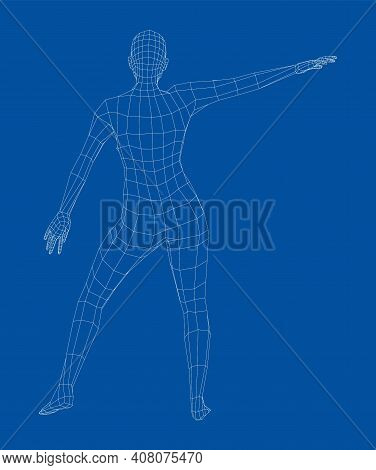 Wireframe Ballerina Or Dancer In Dance Pose. Vector 3d Rendering