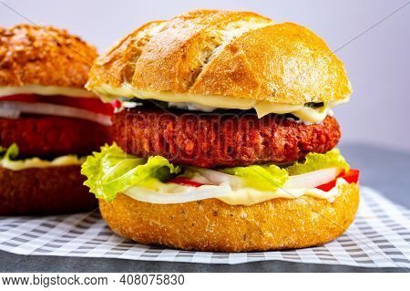 Tasty Hamburger Made With Vegetarian Plant Based Imitation Minced Meat Burger And Fresh Vegetables