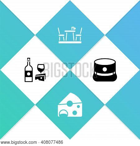 Set Wine Bottle With Cheese, Cheese, French Cafe And Kepi Icon. Vector
