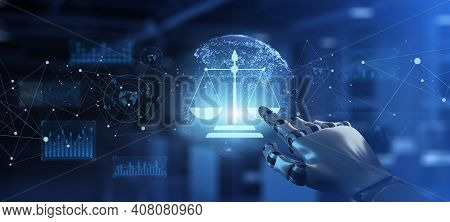 Labor Law Lawyer Advocate Legal Advice. Robotic Arm Pressing Button. 3d Rendering.