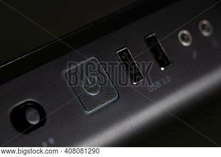 Black Pc Tower Case With Power Button Usb Connection Sockets, Power And Reset Buttons.
