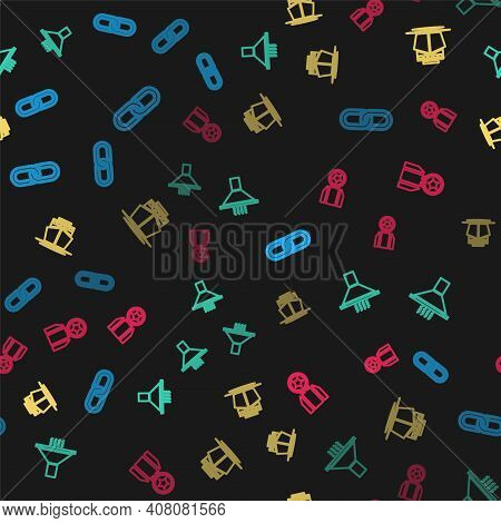 Set Line Chain Link, Kitchen Extractor Fan, Ship And Medal With Star On Seamless Pattern. Vector