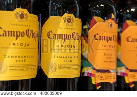 Tyumen, Russia-january 31, 2021: Bottles Of Campo Viejo Rioja Red Wine. Variedad De Uva Tempranillo