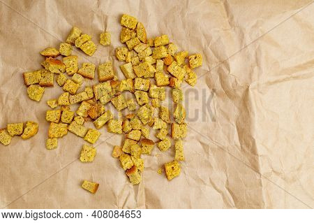 Homemade Crusty Bread With Croutons. Fast Food Bread Background, Top View. Copyspace