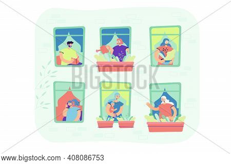 People Standing At Windows In Their Apartment, Watering Home Plants, Talking On Cell, Enjoying Leisu