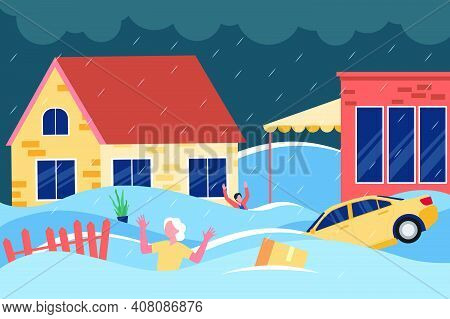 Shocked People Waving Hands And Calling For Help Waist Deep In Water Between Houses, Floating Cars A