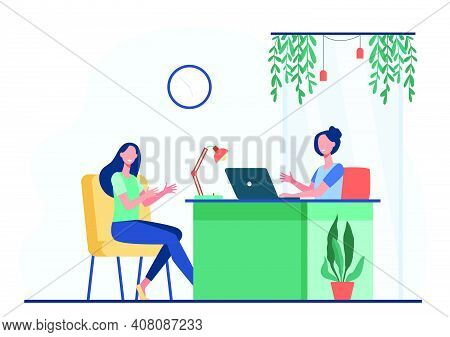 Woman Characters Having Business Conversation Or Meeting Flat Vector Illustration. Cartoon Hr Manage