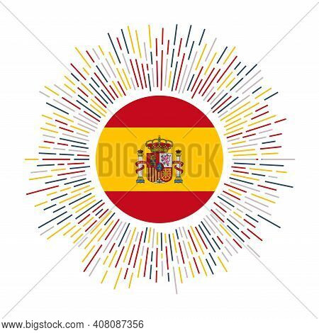 Spain Sign. Country Flag With Colorful Rays. Radiant Sunburst With Spain Flag. Vector Illustration.