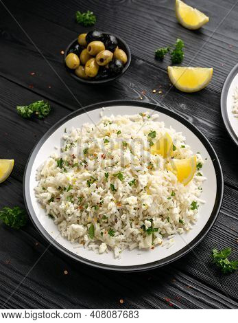 Greek Feta Cheese Rice With Lemon Zest And Herbs