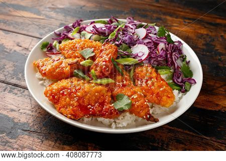 Korean Fried Chicken With Red Cabbage Salad And White Rice. Asian Food