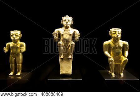 Madrid, Spain - Jul 11th, 2020: Gold Quimbayas Treasure Figurines, Museum Of The Americas, Madrid,