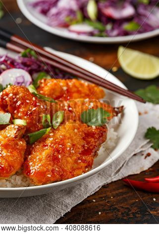 Korean Fried Chicken With Red Cabbage Salad And White Rice. Asian Food